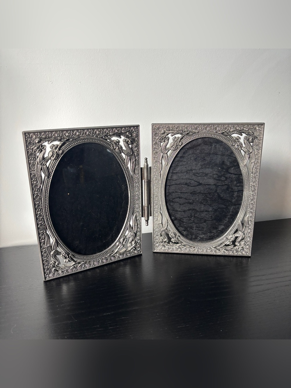 Vintage Ornate Floral Pewter Hinged Double Oval Picture Frame